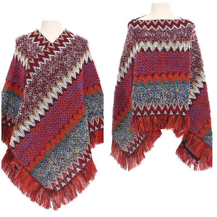 Women Boho Geometric Chevron Knit Poncho Cape, Ethnic Tassel Fringe Shawl Wrap, Loose Vintage Oversized Pullover Shoulder Cover