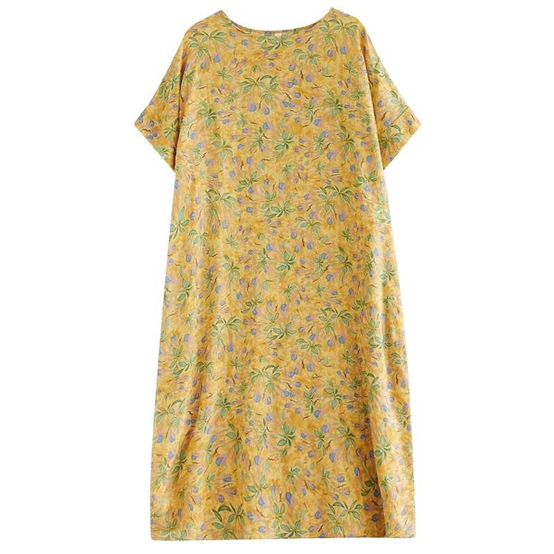 Summer New Yellow Floral Loose Thin Mid-length Temperament Dress Women