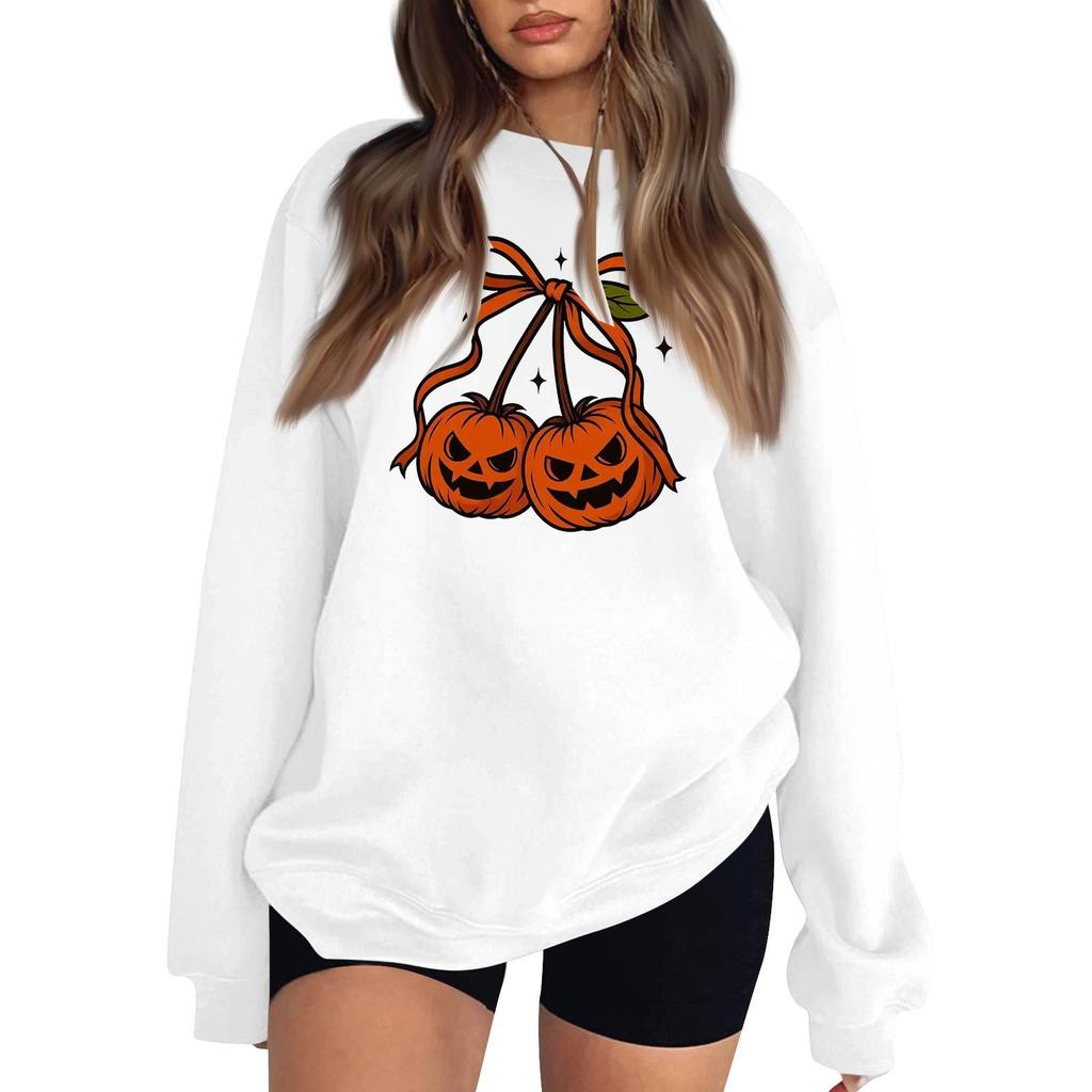 Women's Comfortable Sweatshirt Casual Loose Fit Round Neck Long Sleeve Pullover, Color with Halloween Small Print