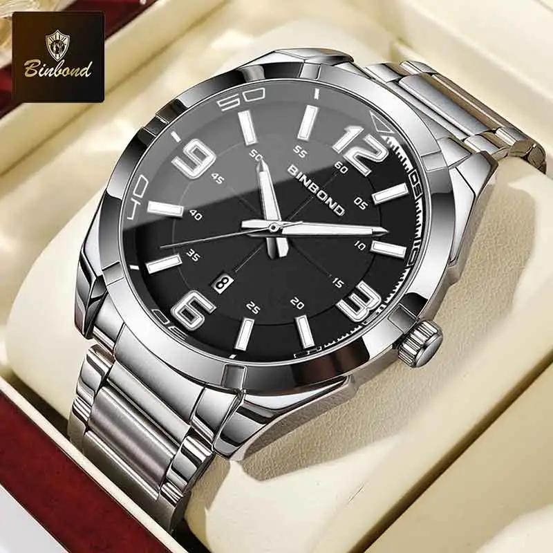 BINBOND New Business Men's Watch Luxury Stainless Steel Strap Waterproof Sports Watch Original Luminous Quartz Watches for Men