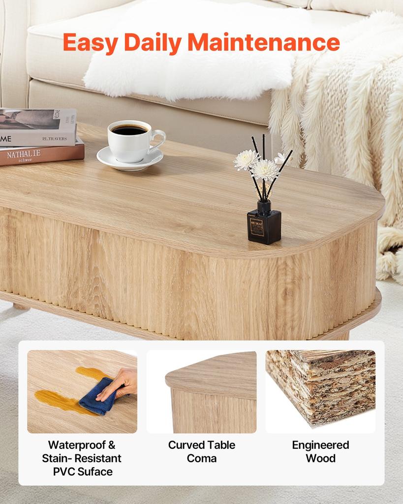 1000 Mm Lift Top Coffee Table, Fluted Oval Coffee Table with 3 Hidden Compartment, Mid Century Wooden Oval Center Desk with Storage, Lift Up Tabletop