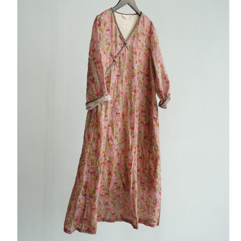 Johnature Women Vintage Dress V-Neck Print Floral Button Dresses Summer Chinese Style Female Dress