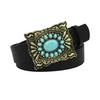 Western Belt Retro Turquoise Design Distressed Silver Buckle Faux Leather Wide Navajo Ethnic Style