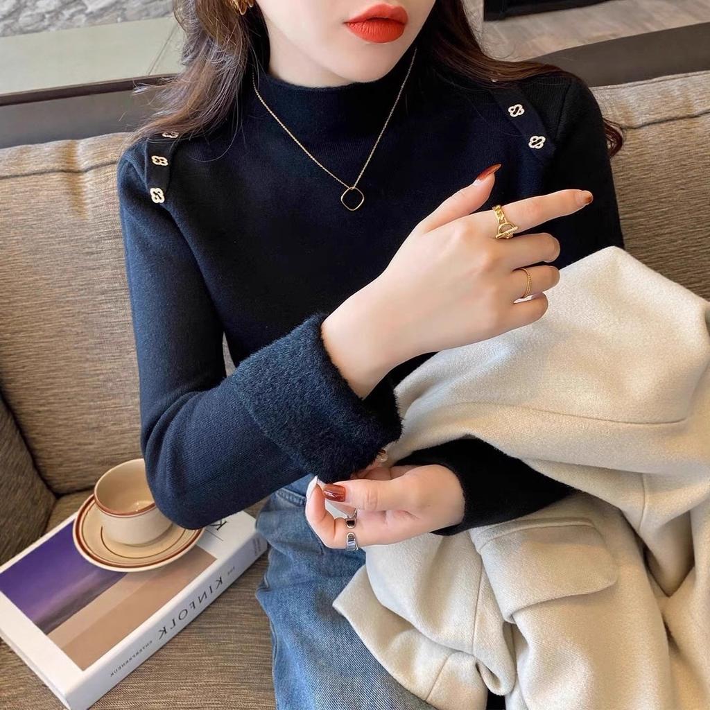 Fleece thickened bottoming shirt women's winter new integrated fleece sweater high-end knitted top