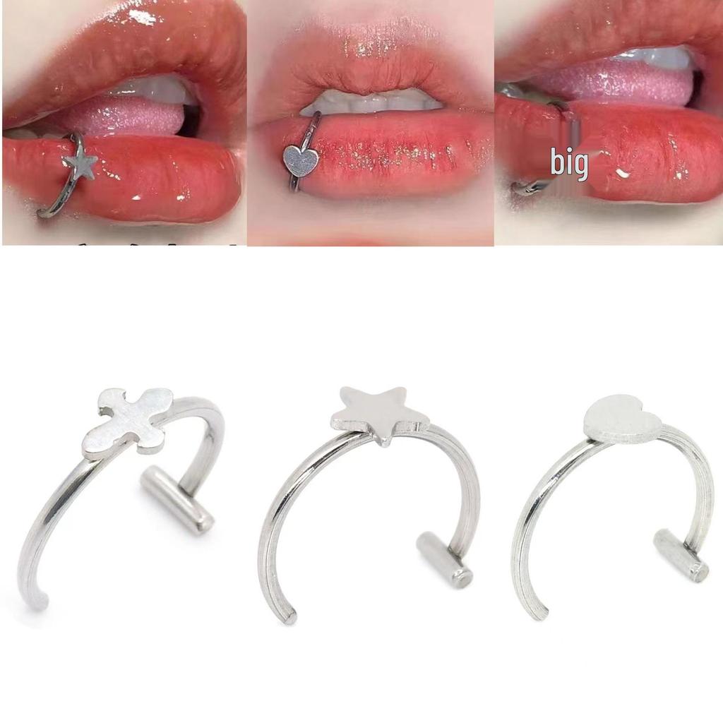 Nerezový kroužek na rty bez piercingu s designy hvězdy, kříže a srdce
