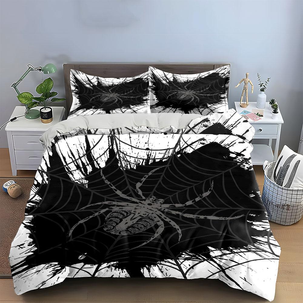 Spider Web Black Ink Design Bedding Duvet Cover Set (1*Duvet Cover 2*Pillowcases, Without Duvet Insert)