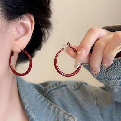 Vintage Wine Red New Year Earring Geometric Maillard Style Rose Pearl Ear Studs Versatile Alloy Autumn Winter Earring Sweater