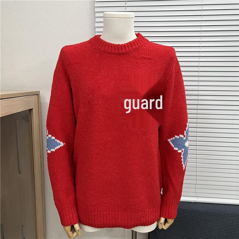 Höst/Vinter Unisex Lös Jacquardtröja med Broderat Bokstavslogotyp och Rund Hals