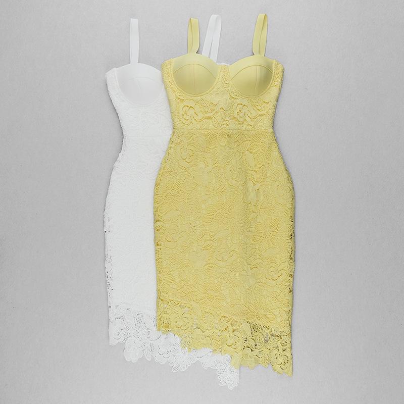 European & American Sexy Spaghetti Strap Lace Trim Irregular Midi Party Dress