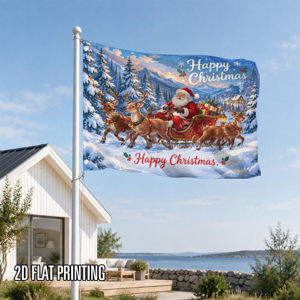2D Flat - 2D Flat - 2D Flat Printing 1pc Christmas Santa Sleigh Motif Polyester Hanging Flag, Ideal for Outdoor Gear Stores And Camping Decor