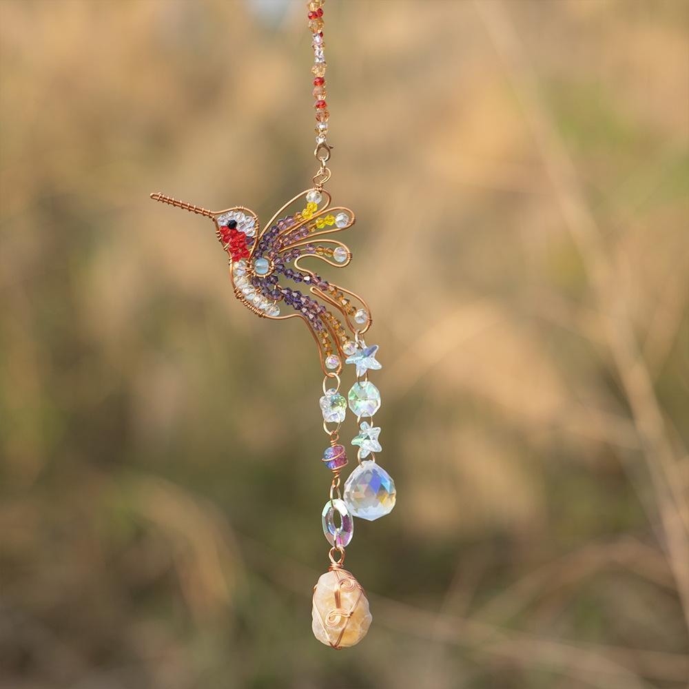 Colorful Bird Crystal Sun Catcher Home Garden Decoration Pendant Natural Crystal Crushed Stone Animal Bell Dreamcatcher Net