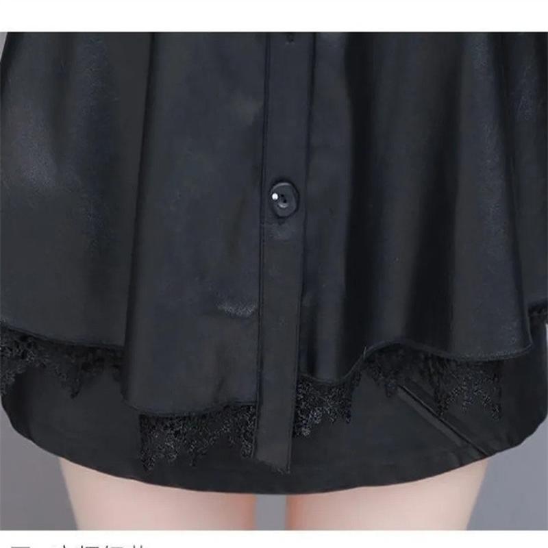 Mode Neue Spitze Mid-Länge Spleißen Leder Hemd frauen Mantel Einreiher Frühling Herbst Damen Leder Jacke S-6XL