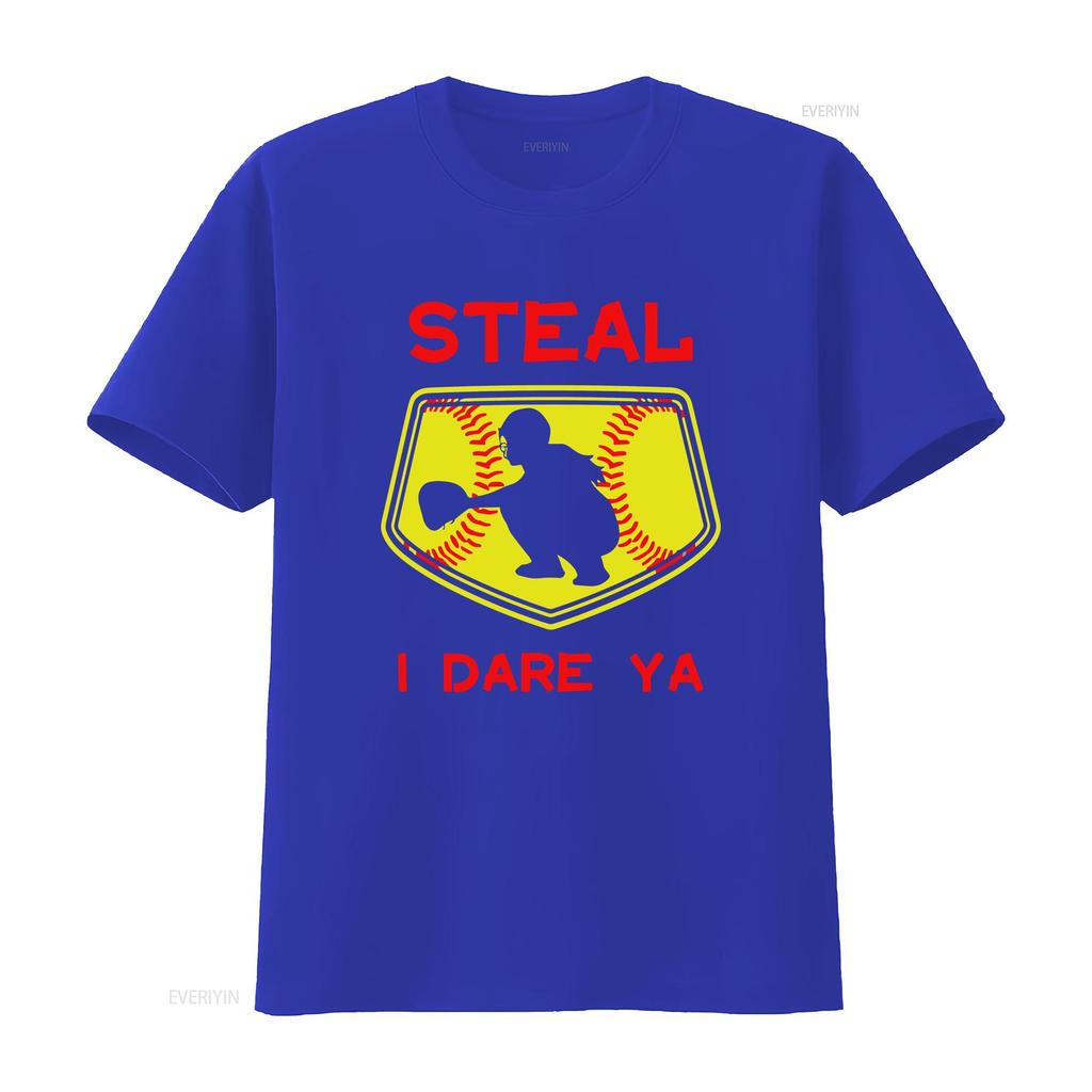 Steal I Dare Ya Softball Catcher T Shirt Funny For Players Bas vintage Washed Top For Everyday Wear homme graphic