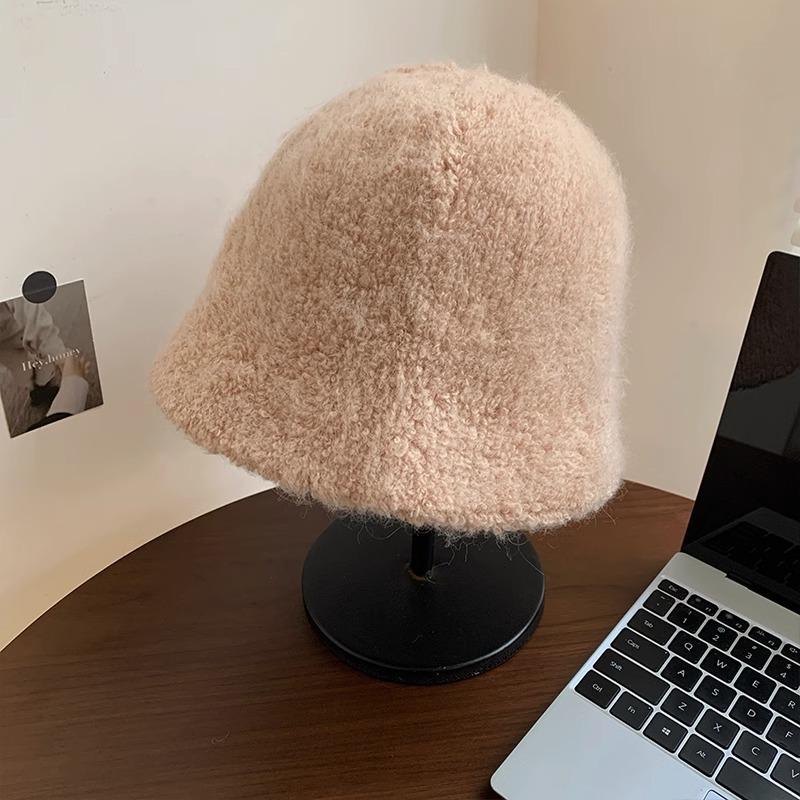 Show face small bucket hat women's autumn and winter new show face small lamb wool bucket basin hat big head circumference hat