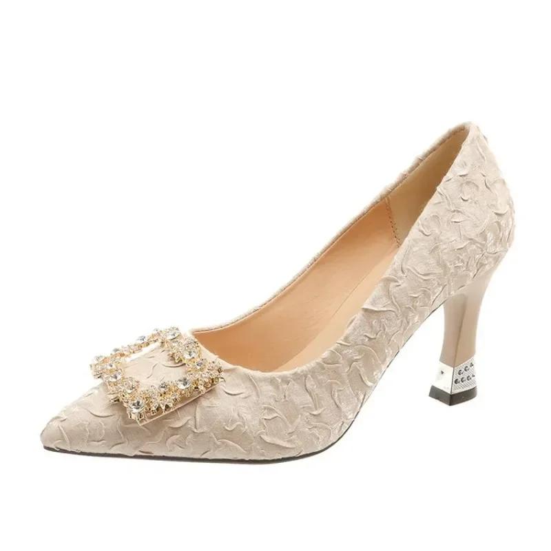2024 New Spring and Autumn Casual Fashion Pearl Wedding Shoes Stiletto Square Rhinestone Sexy and Comfortable High Heels