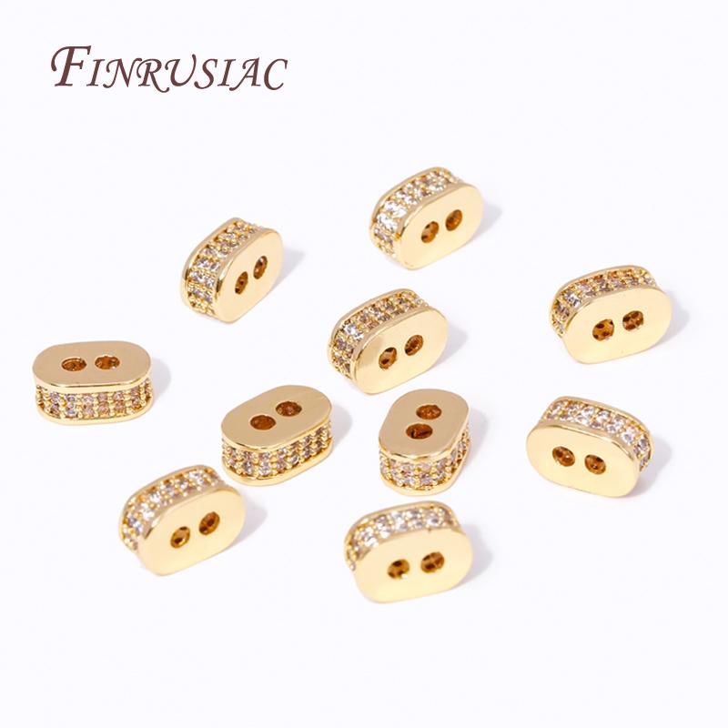 18K Gold Plated Brass With Zircon 2 Hole Oval Spacer Beads For Jewelry Making Supplies DIY Bracelets Necklaces Accessories