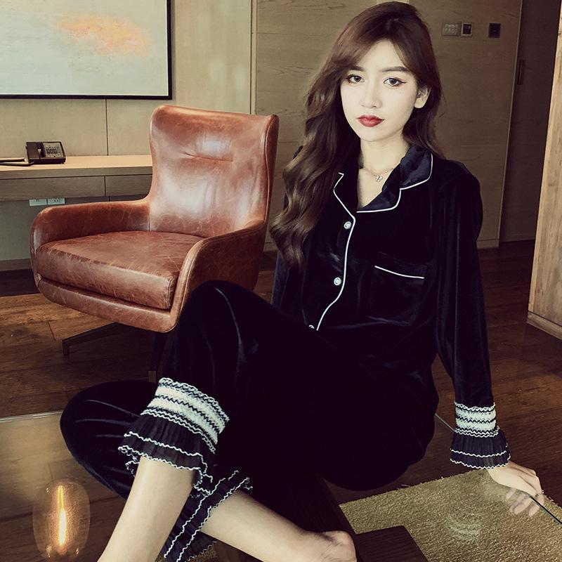 Women's Gold Velvet Pajamas Suit: Sexy Korean Style, Long Sleeves, for Spring, Autumn, Winter.