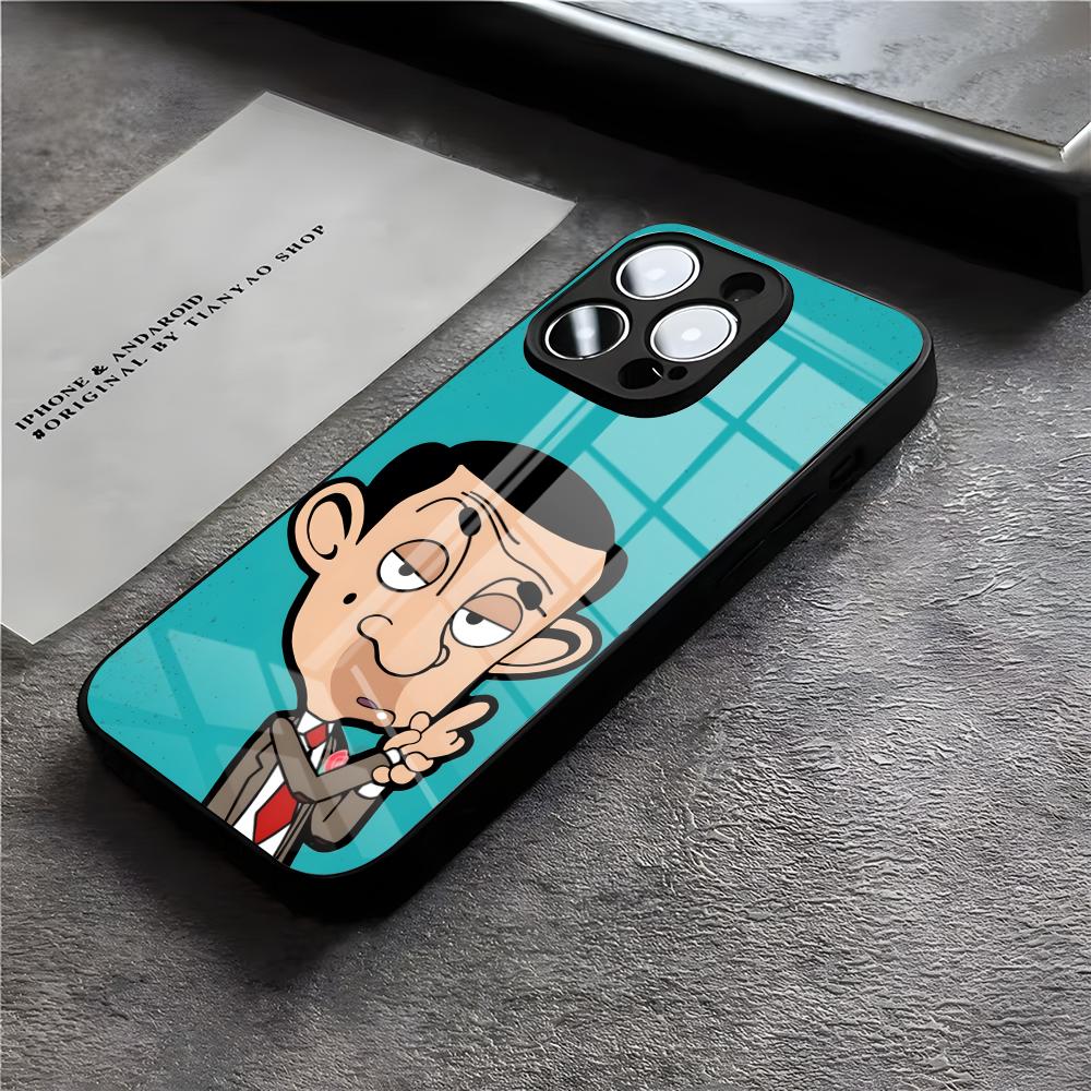 Lustige Mr B- BeanS Handyhülle für iPhone 17 Air 16 E Pro Max 15 14 13 Mini 12 Pro 11 Max Plus Schwarzes Glas Cover