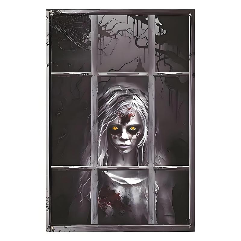 1Pcs Halloween Window Silhouette Decora Halloween Boy Girl Scary Banner Blood Ghost Window Cover Horror Theme Window Poster 2025