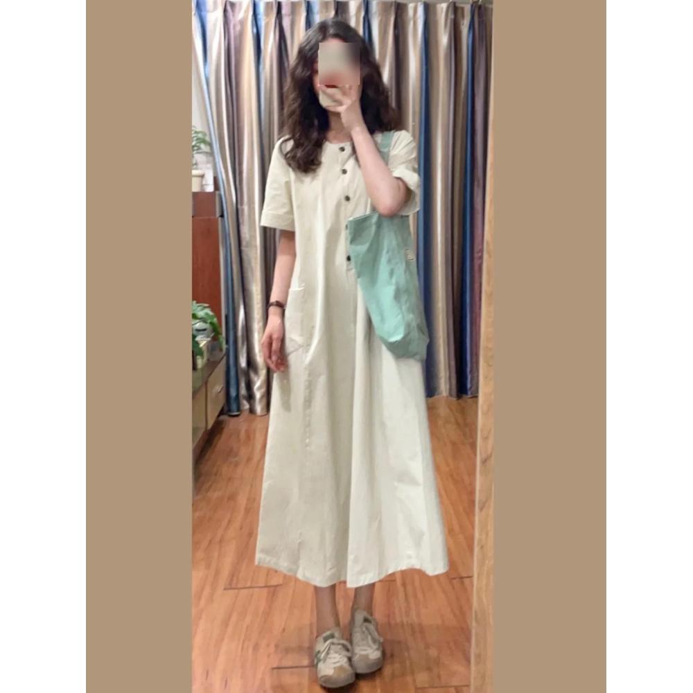 Women's summer new literary and retro Japanese long dress loose casual and thin short-sleeved dress small lazy style