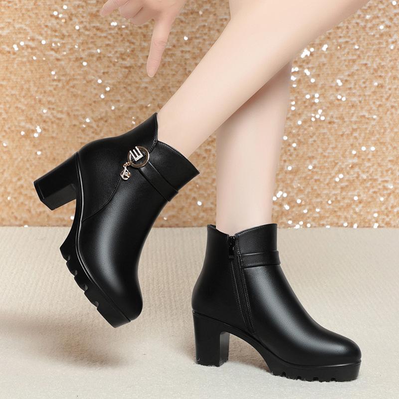 Autunno Inverno Calde Spesse Fondo Antiscivolo Stivali di Cotone da Donna Velluto Impermeabili Tacco Alto a Blocco Modello Ufficio Stivaletti alla Caviglia