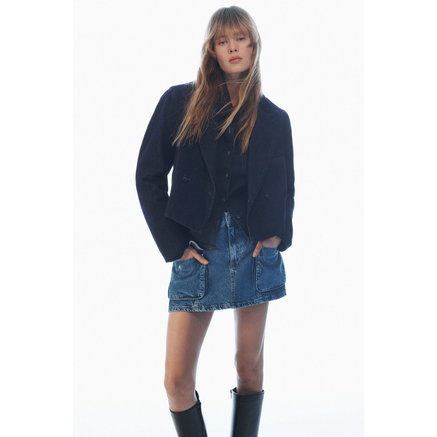 

CROPPED DENIM DOUBLE-BREASTED BLAZER