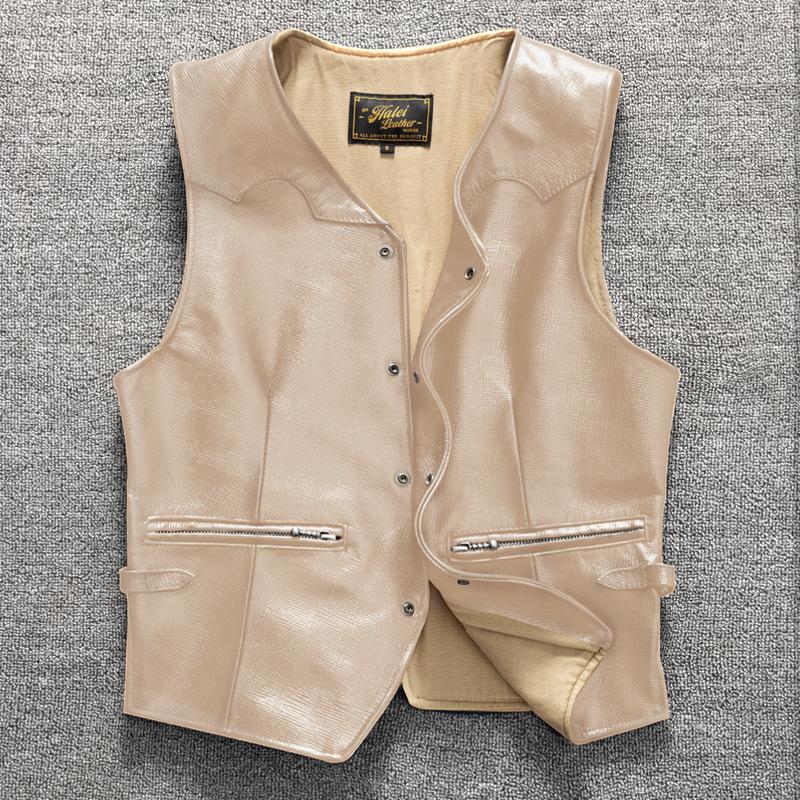 Retro Top Layer Sheepskin Ready-to-wear Heavy-wash Genuine Leather Jacket for Men's Casual Slim Vest Shoulders