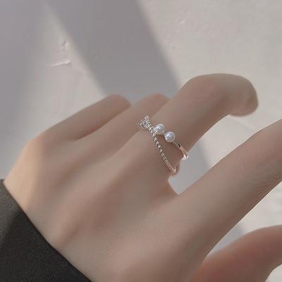 New Pearl Cross Ring Women's Fashion Personality Simple Open Ring Cold Wind Light Luxury Niche Design Jewelry