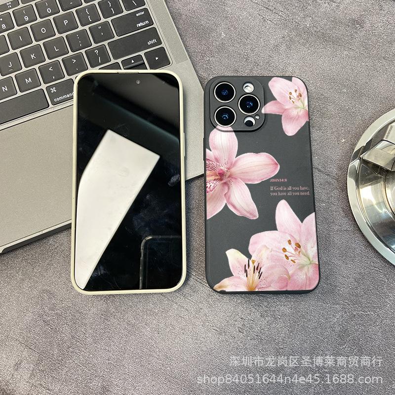 Pink English Flower Applies To iPhone15 Mobile Phone Case 14PROMAX All-inclusive 13/11 Anti-drop 16/15 Protective Case 17
