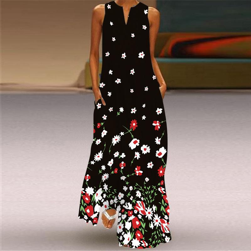 Robes imprimées pour femmes, style Boho, sans manches, col en v, longue, décontractée, ample, plage, fête, Maxi, été