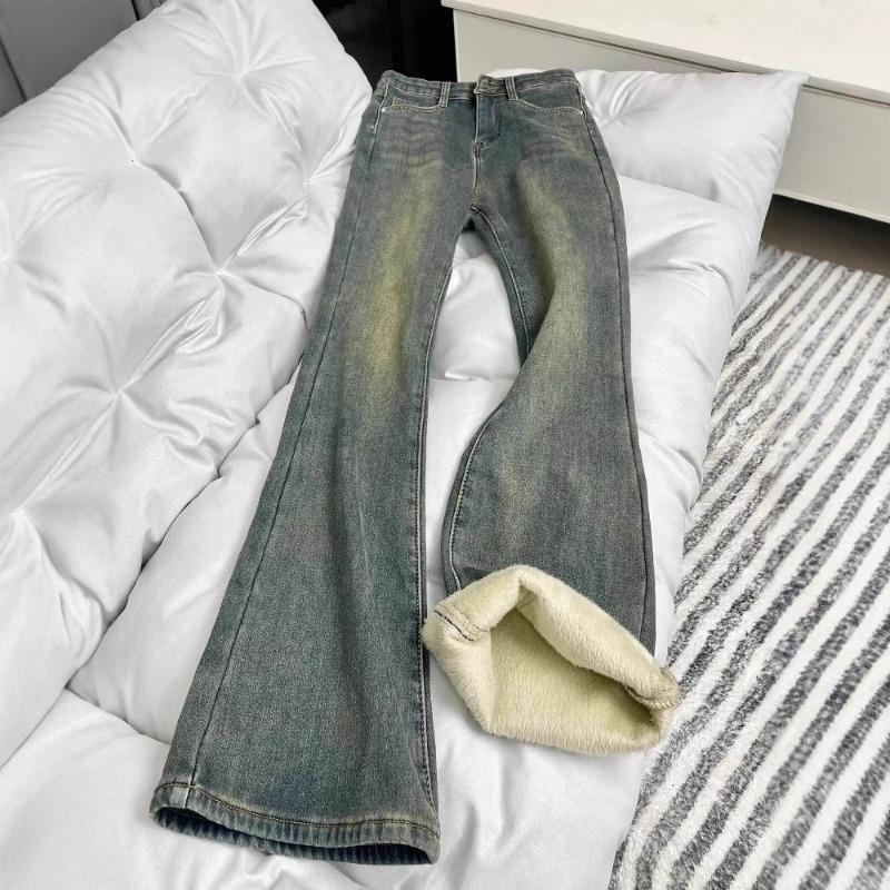 Fleece Thickened Retro Blue Straight Jeans for Women's Autumn and Winter, New Loose Wide-leg Slim Horseshoe Pants