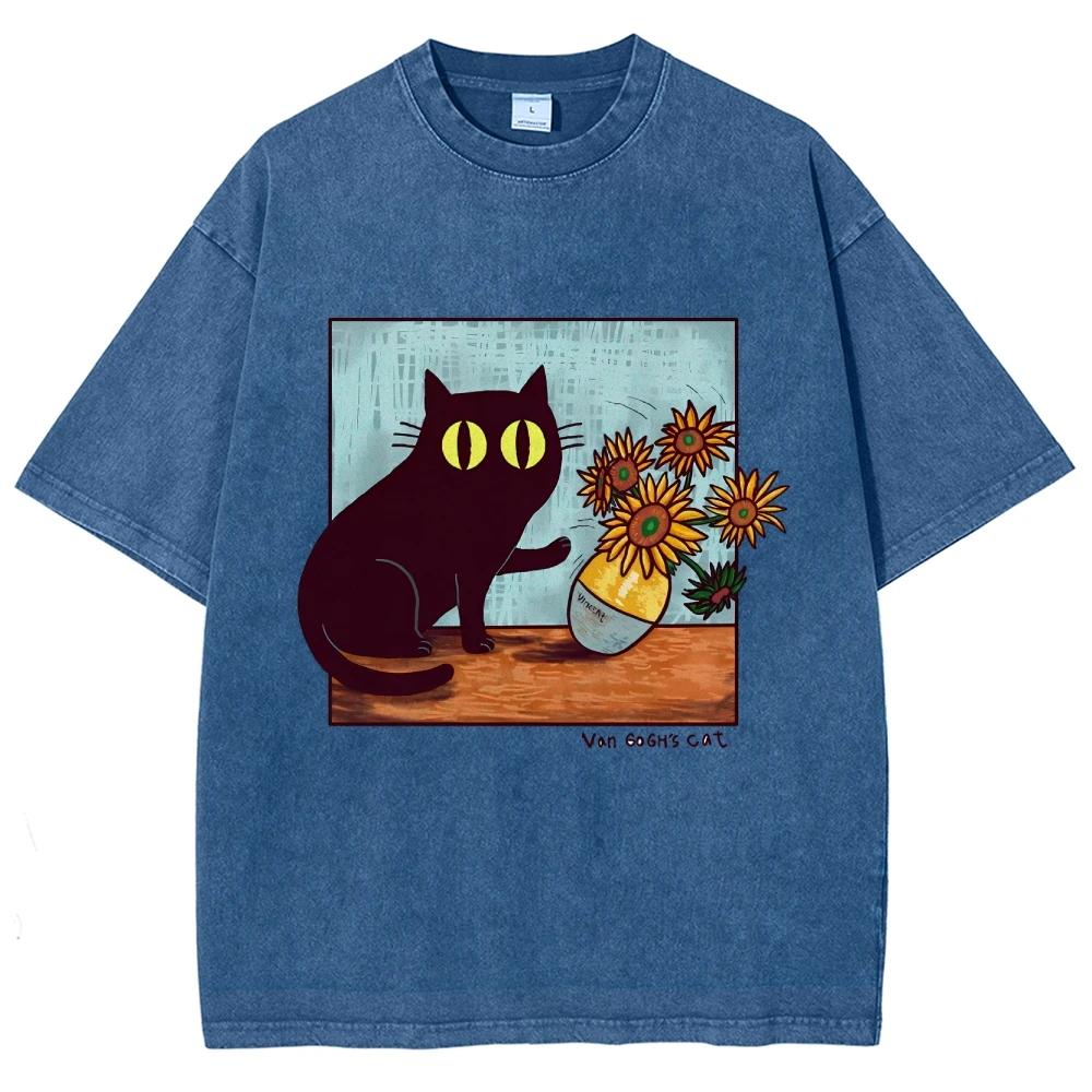 Cartoon Cat vase print T-shirt fashion men's and women's casual short-sleeve breathable comfortable top clothing