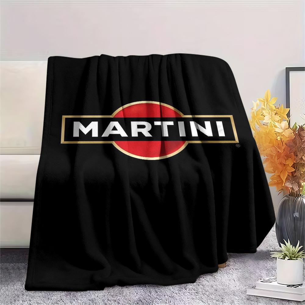 Martini Classic Brand Logo Black Background Print Flannel Blanket Retro Bar Style Soft Throw Blanket Sofa Bedroom Travel Home Decor