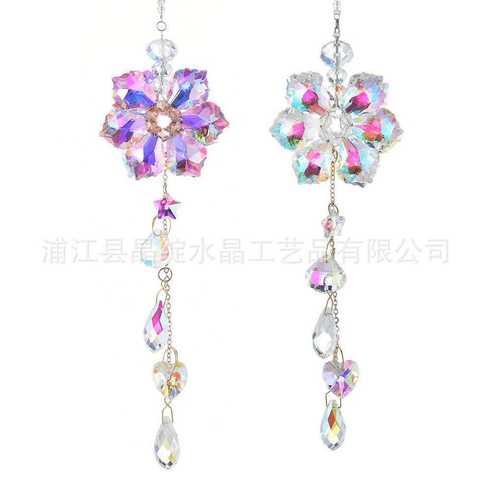 Crystal Glass Flower Sun Catcher Hanging Ornament with Six Petals for Window Home Garden Decor Indoor Outdoor Pendant
