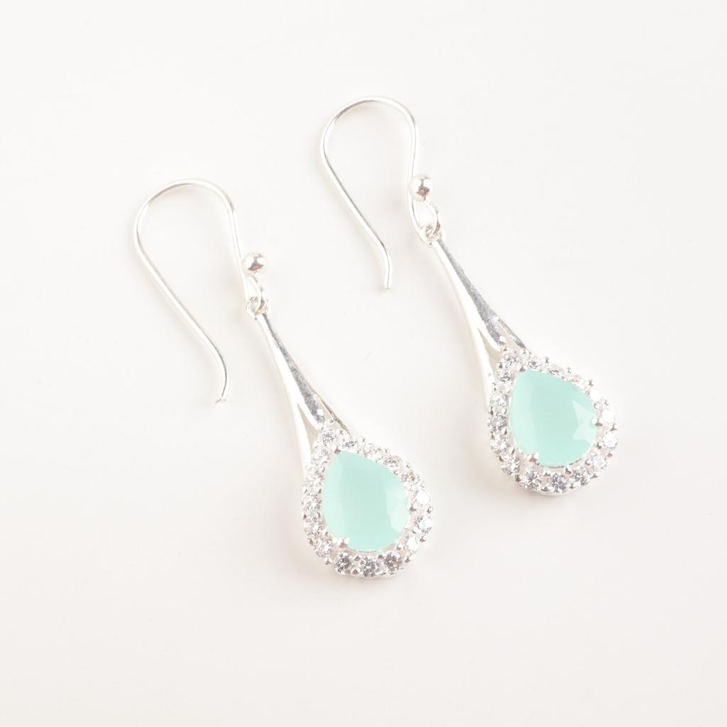 Natürlicher Aqua Chalcedon Edelstein 925 Sterling Silber Zirkonia Tropfenohrringe 1,86" CZE-7-15