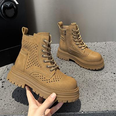 Big Yellow Boots Women's Haute Couture Hollowed Out Martin Boots New Leather Women's Boots Hole Retro Wind Heightening Women's Short Boots
