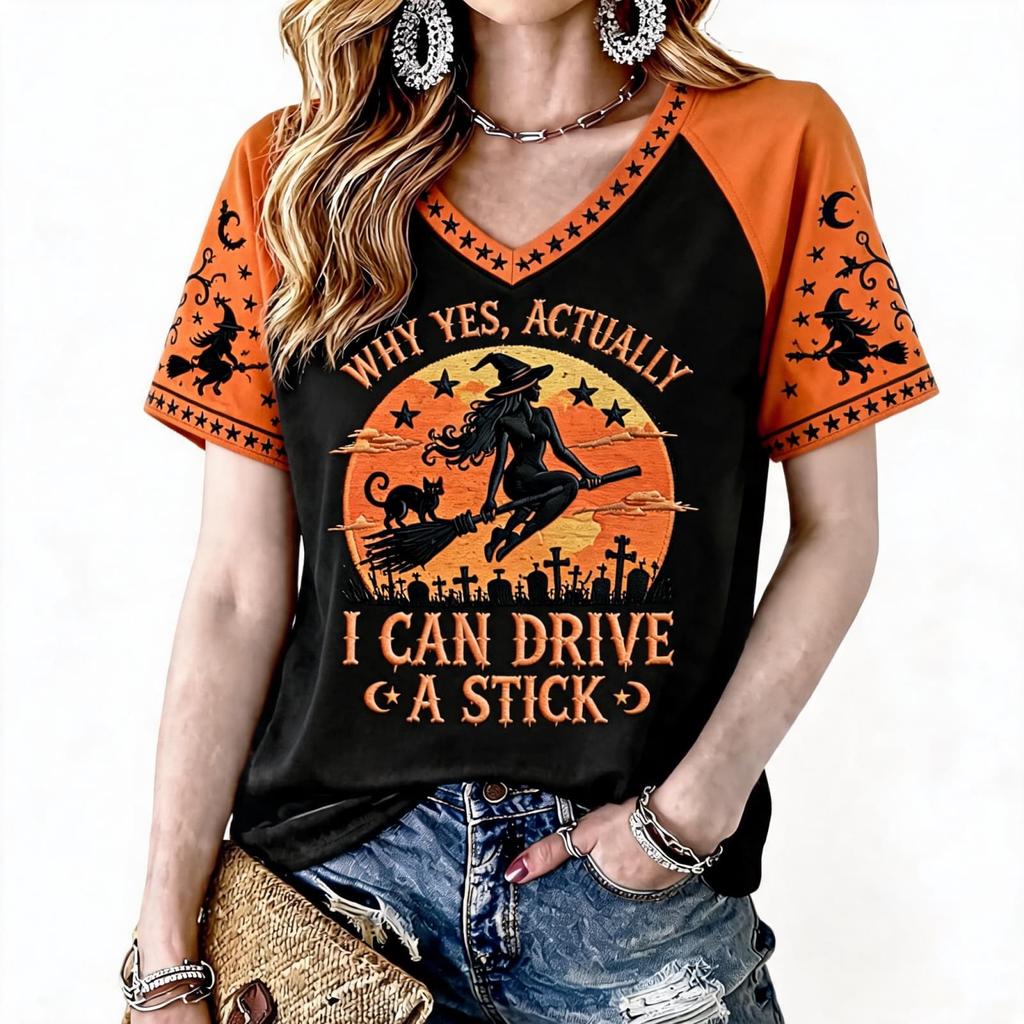 Women's Halloween Printed Raglan Short Sleeve T-Shirt