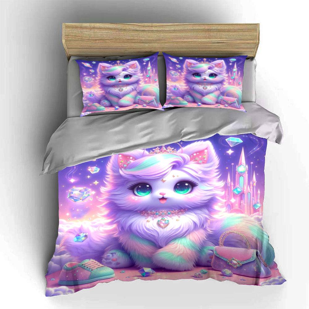 Dreamy Colorful Cat With Magic Gems Printed Duvet Cover Set1 Duvet Cover+2 Pillowcasemulti Size Bedroom Bedding Decor