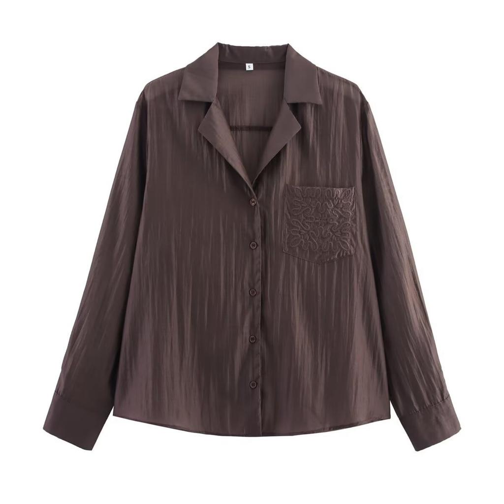 Fashion Ladies Lapel Long Sleeve Embroidered Pocket Decoration Shirt Tops For Women