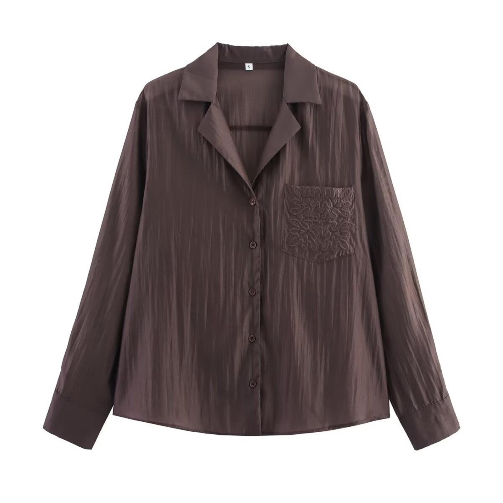 

Модная женская рубашка с лацканами, длинными рукавами, вышивкой и карманами для женщин M