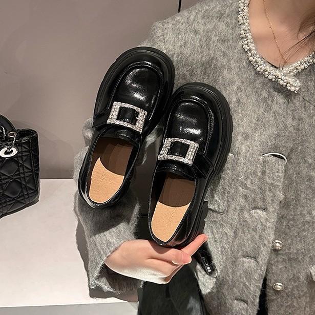 [Sheepskin version] Korean version of high school students JK platform loafers for women's 2025 spring new rhinestone square buckle small leather sho