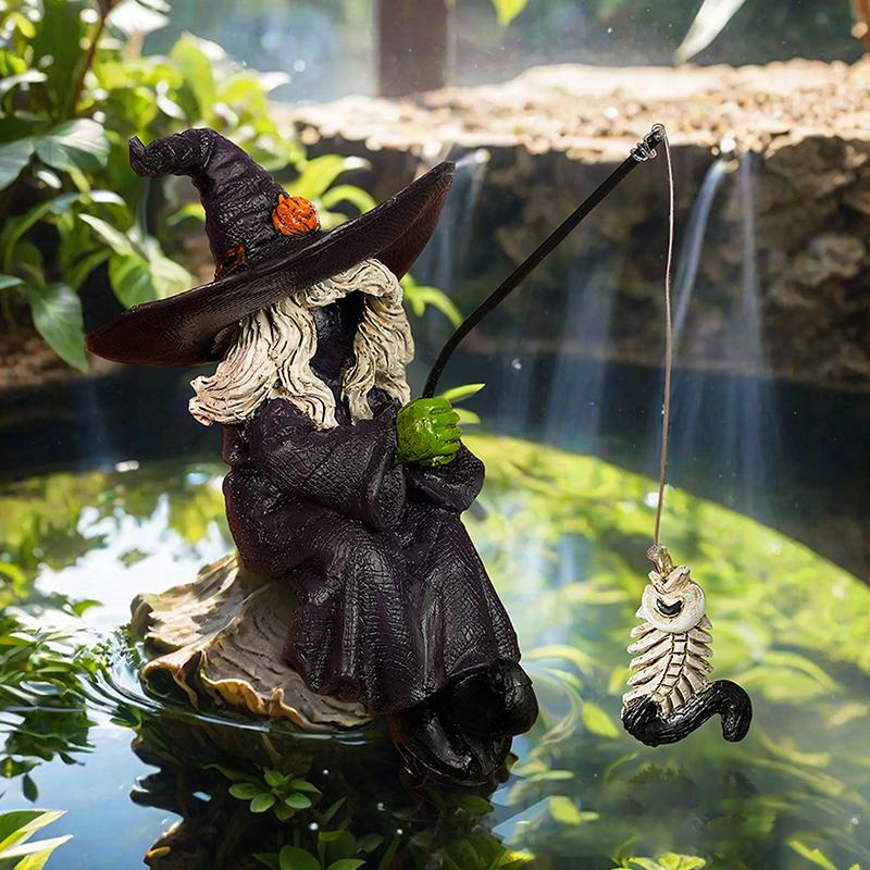 Halloween Witch Fishing Skeleton Fish Statue Outdoor Garden Pond Fisherman Statue Witch Statue Halloween Decorations