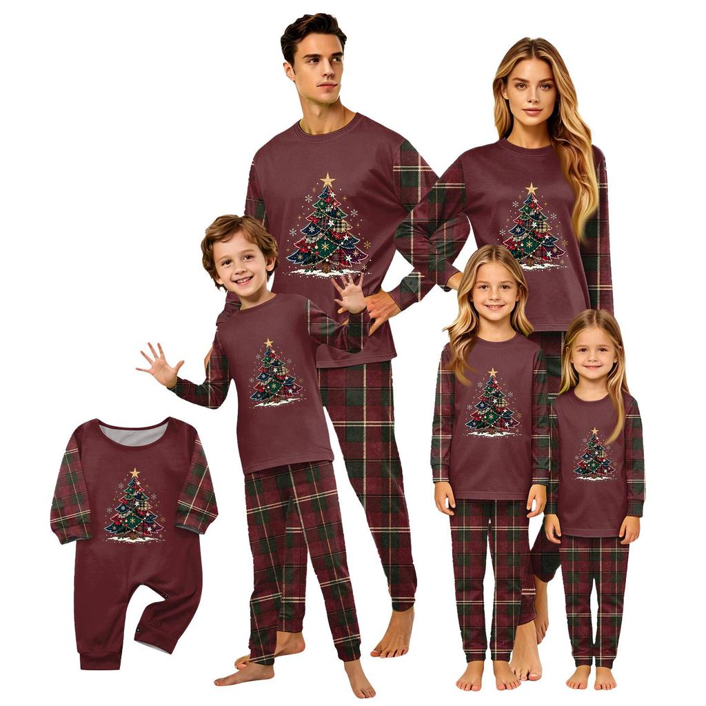 Christmas-print long-sleeve and long-pant matching family loungewear set