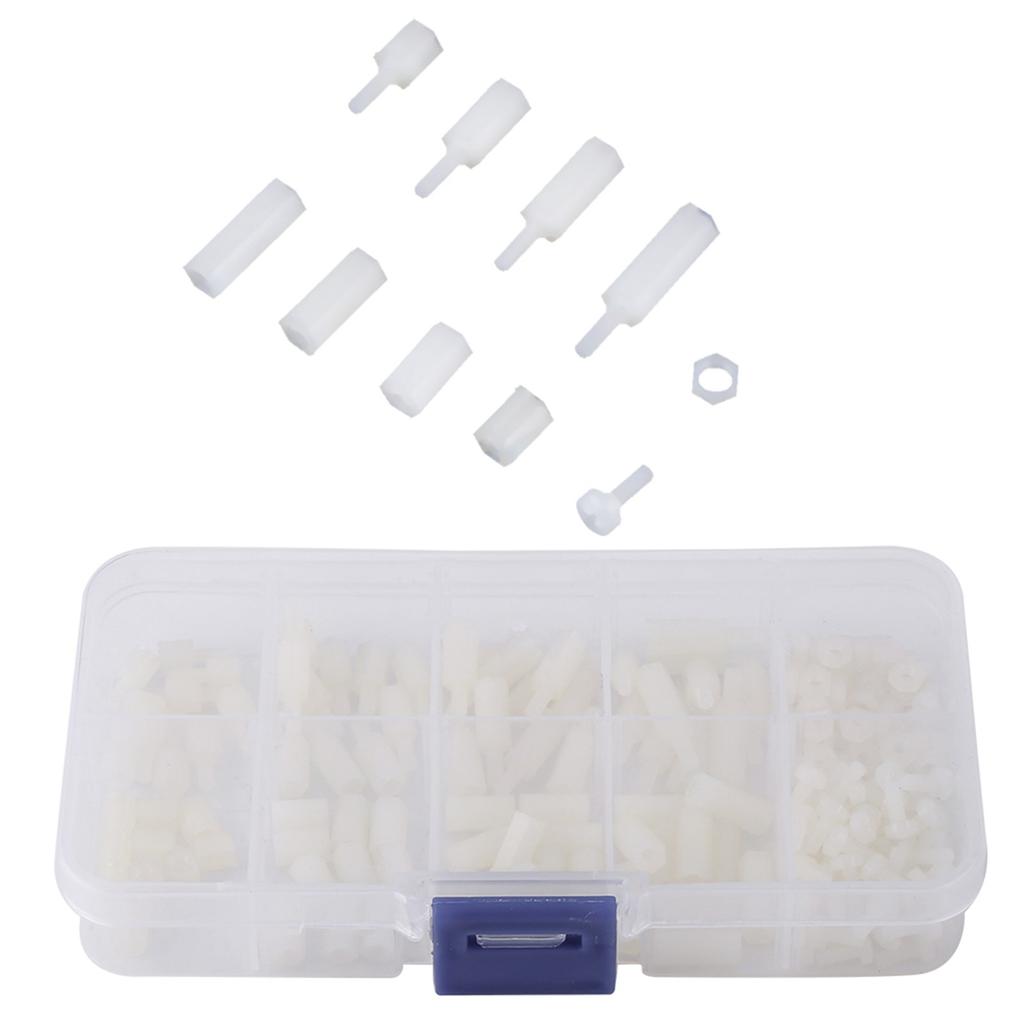 200pcs M2.5 Nylon Male Female Hex Standoff Bolts Nuts Assortment Set With Plastic Box