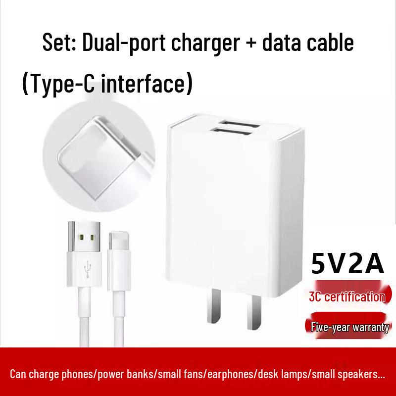 Universal Fast Charge 5V2A/5V1A USB Charger Head for Android & Type-C Devices