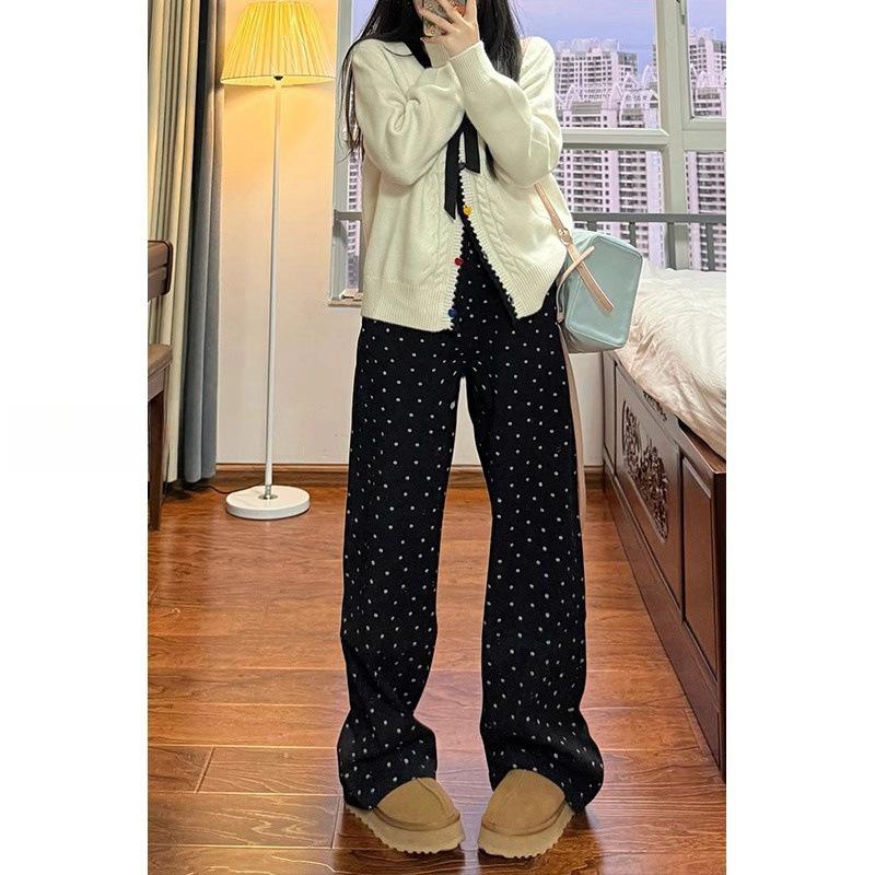 Plus Size Black Polka Dot High-Waist Wide Leg Jeans for Women, Spring/Autumn, Pear Shape Slimming