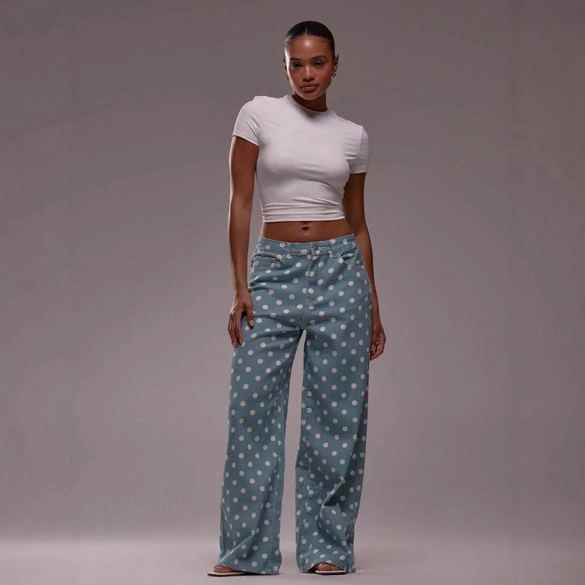 Women s Polka Dot Loose Mid-Waist Long Denim Jeans L