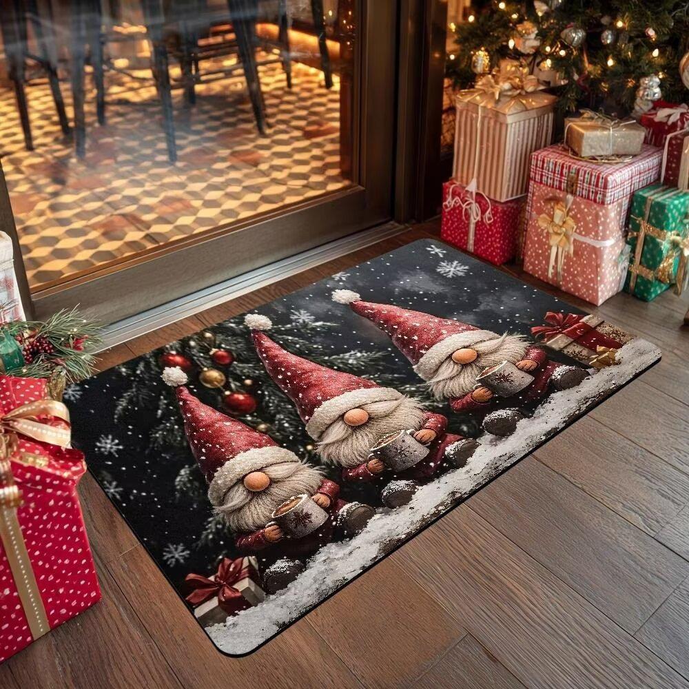 Christmas Dwarf Carpet Mat Merry Christmas Holiday Non Slip Carpet Snowman Santa Claus Pattern Home Entrance Foot Mat
