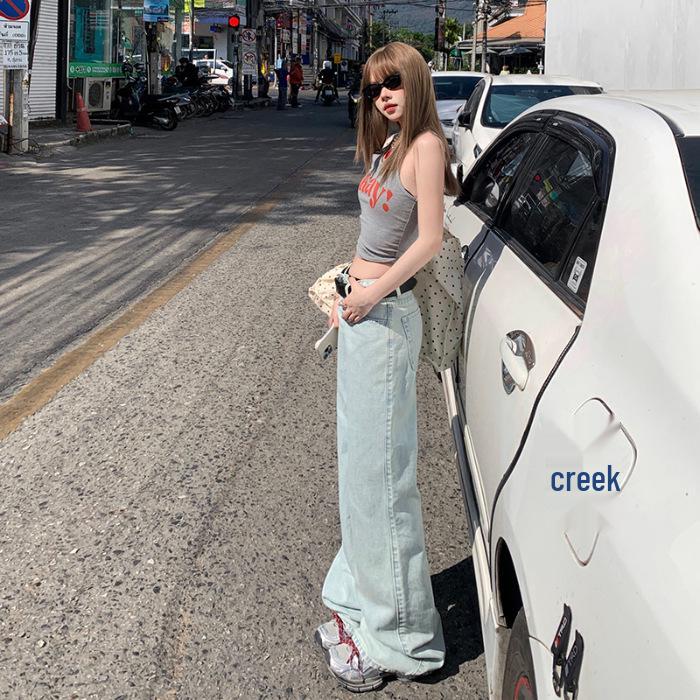 Women s American Low-Rise Light Blue Wide-Leg Jeans - Spring 2025 Straight-Leg Slimming, Floor-Length Style Medium