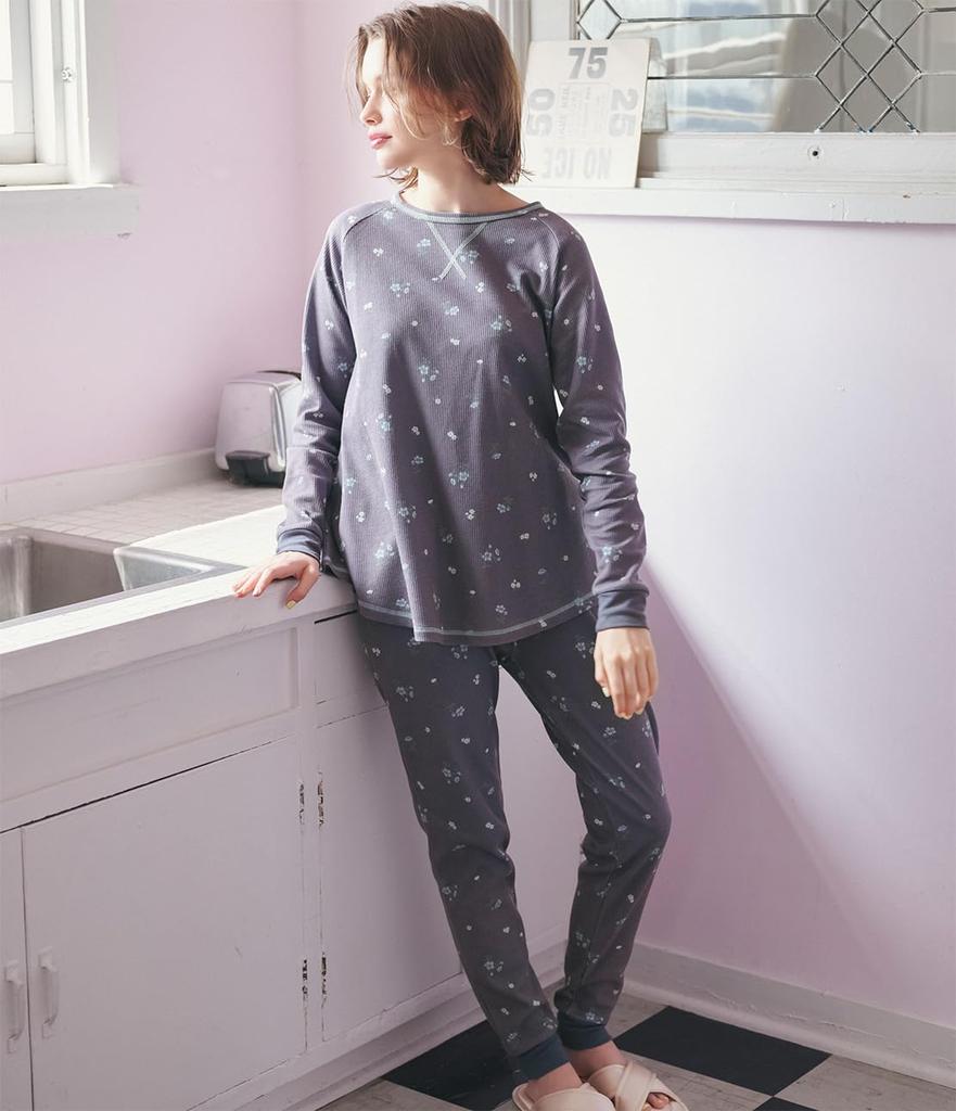 Peach John Thermal HARA Maki Comfortable Cotton Loungewear with Belly Comfortable for Fall and Floral Sizes Women's Pajamas, Wrap, Winter, Navy, M/L